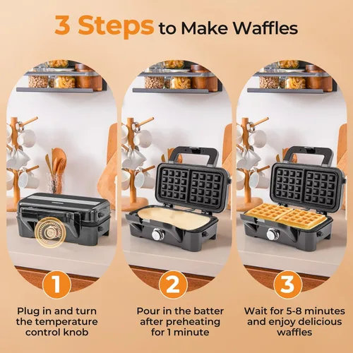 Vista 7 de BECOMFORT Máquina de gofres 3 en 1, prensa de sándwich con 3 placas antiadherentes extraíbles, luces indicadoras, mango de tacto frío, sandwich