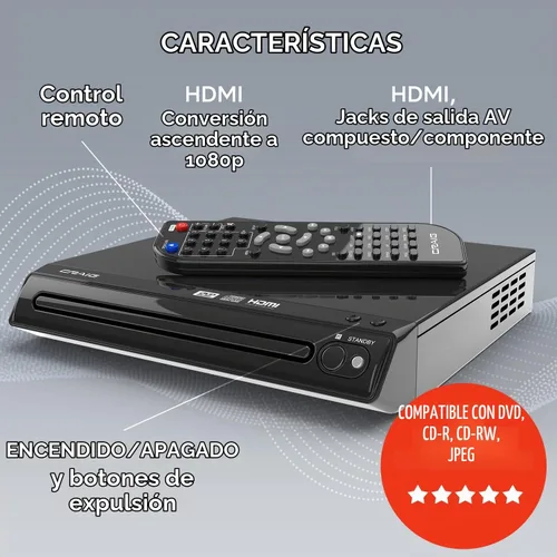 Vista 2 de Craig CVD401A Reproductor de DVD HDMI Compacto con Control Remoto en Negro Compatible con DVD-R/DVD-RW/JPEG/CD-R/CD-R/CD Escaneo Progresivo