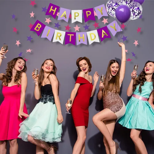 Vista 4 de Decoraciones de cumpleaños número 10 para niñas, globos morados de feliz cumpleaños, pancarta, globos de números, serpentinas de estrellas