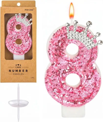 Vista 13 de PHD CAKE Velas con números de cumpleaños, velas de cumpleaños de corona rosa para pastel, velas con purpurina número 0 con lentejuelas para niñas