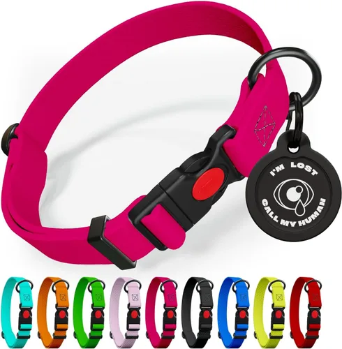 Vista 10 de Collar de perro ajustable con código QR identificación adjunta, fabricado en Estados Unidos, collar de perro resistente al agua con hebilla