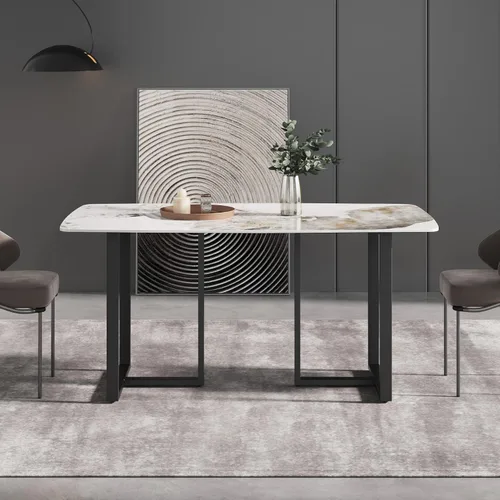 Vista 6 de Mesa de comedor moderna, mesa de comedor de piedra sinterizada blanca antigua con patas de mesa de acero al carbono negro, mesa de comedor Blanco