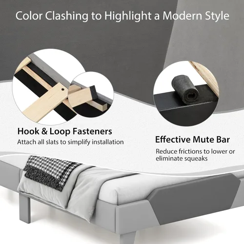 Vista 8 de Giantex Base de cama tapizada de terciopelo individual con cabecero, cama de plataforma moderna con listones de madera fuertes y estribo de 2