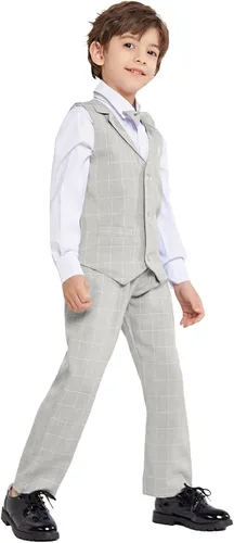 Vista 5 de Chaleco para niños 4 piezas traje de portador de anillos de boda chaleco de cintura y pantalones con lazo de 2 a 13 años formal