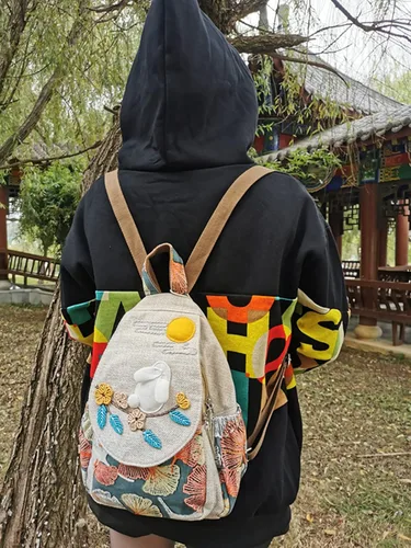 Vista 22 de HUANGGUOSHU Mochila de algodón tejida de algodón bohemio con bordado de lona estilo bohemio con múltiples bolsillos retro linda mochila cartera
