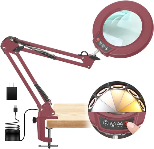 Vista 17 de Lámpara de lupa de 10 aumentos con luz y soporte, lámpara de escritorio y abrazadera 2 en 1, Seylae con 5 modos de color, lupa iluminada LED