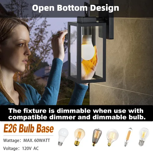 Vista 4 de Paquete de 2 Luces de Aplique para Exteriores - Luz de Pared Exterior de 12 Pulgadas, Aplique Exterior de Acero y Vidrio para Porche, Farol de Pared