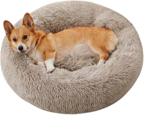 Vista 36 de Cama calmante para perros y gatos, cama antiansiedad, de felpa, con forma de dona, redonda, acolchada, de piel sintética, suave y esponjosa