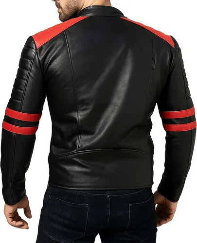 Vista 3 de Black Leather Jacket for Men - Cafe Racer Brando Style with Red Stripes Quilted Motorcycle Real Leather Jacket