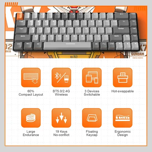 Vista 2 de MAGIC-REFINER RK68 Teclado mecánico inalámbrico 60%, Bluetooth 5.02.4GHz con receptor 2 en 1 de modo dual, teclado ergonómico compacto de 68 teclas