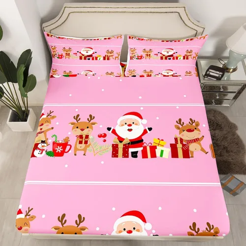 Vista 15 de Juego de sábanas con diseño de Papá Noel y muñeco de nieve para niños, niñas y niños, de temática navideña, juego de cama con diseño de árbol