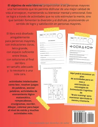 Vista 2 de Cerebro Activo y Saludable Estimulación Cognitiva y Juegos para Personas Mayores" VOLUMEN 1 Libro de actividades en español para adultos mayores