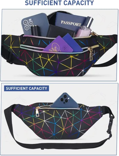Vista 3 de Livacasa - Cangurera holográfica linda, brillante e impermeable para mujer, cangurera para viajes, fiestas, festivales, correr y senderismo)