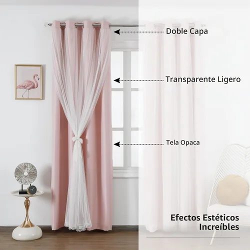 Vista 2 de naturetalk Cortinas opacas del 90% al 95% con transparente aplastado, juego de 2 paneles de cortina, ojales plateados antiguos, rosa bebé, 52