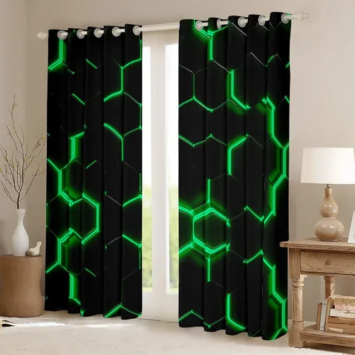 Vista 3 de Feelyou - Cortinas de ventana en forma de panal, tema geométrico hexagonal con luces de neón verdes, para chicos adolescentes y hombres, elegante