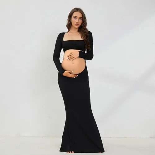 Vista 4 de AIFOTO Vestido de maternidad sexy expuesto vientre de manga larga sin espalda cuello cuadrado recortado vestidos de fotografía vestidos de sesión