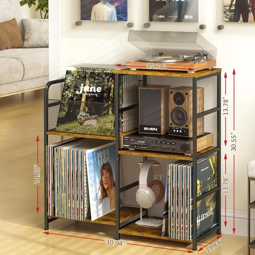 Vista 2 de ThreeHio Soporte para tocadiscos, soporte para tocadiscos con almacenamiento de vinilo con capacidad para hasta 300 álbumes, armario de Estándar
