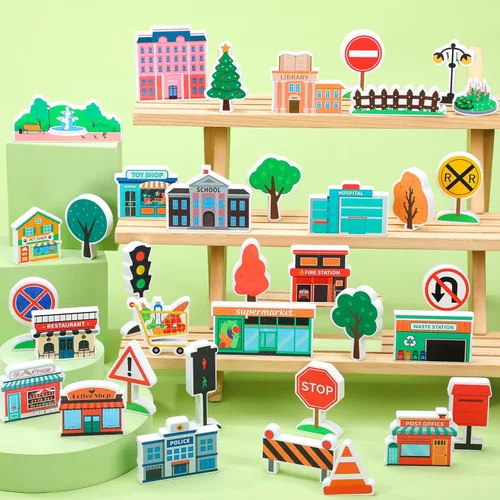 Vista 2 de Kathfly Juego de 36 piezas de madera para ayudantes de la comunidad, juguete de madera para preescolar, pequeños profesionales, conjunto de bloques