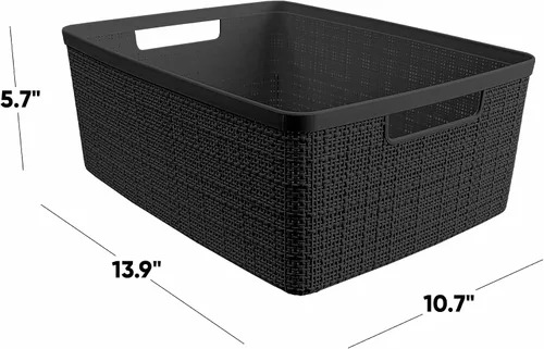 Vista 3 de Curver Juego de 6 cestas decorativas de plástico de yute mediano de 12 litros, para organización y almacenamiento, contenedores perfectos para Negro