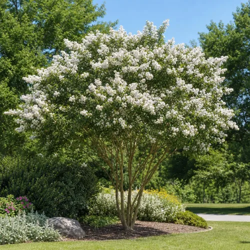 Vista 4 de Crape Myrtle Natchez 3 plantas vivas Lagerstroemia Indica Hermoso árbol floreciente blanco de bajo mantenimiento