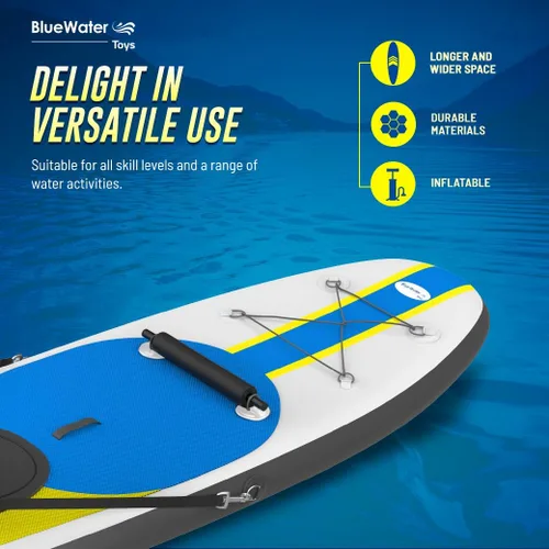 Vista 3 de Blue Water Toys Kit de tabla de remo inflable Crossover de pie o kayak: bomba, mochila, correa de bobina, paletas, asiento desmontable, límite