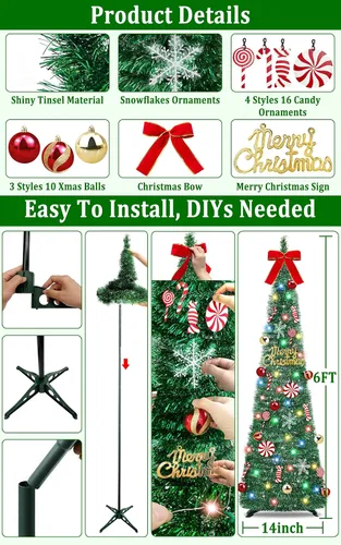 Vista 4 de [Temporizador] Árbol de Navidad desplegable de 6 pies, árbol de Navidad plegable verde con 50 luces coloridas, 16 caramelos, 10 bolas, 4 copos