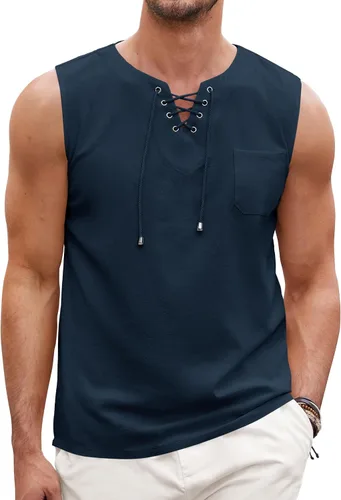 Vista 12 de COOFANDY - Camisetas sin mangas de algodón y lino para hombre, estilo hippie, con diseño de encaje, para la playa, estilo bohemio, renacentista
