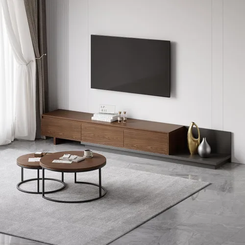Vista 11 de homary Soporte de TV extensible y mesa auxiliar anidable, centro de entretenimiento moderno de 2 piezas con cajones para sala de estar
