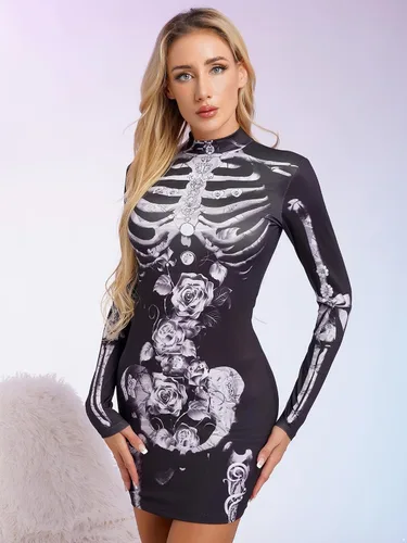 Vista 2 de Disfraz de Halloween para mujer, diseño de esqueleto, manga larga, elástico, minivestido casual