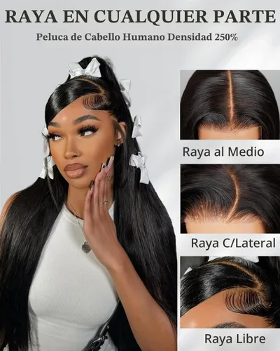 Vista 5 de MOONBAY Pelucas de cabello humano lacio con encaje frontal HD de 22 250 Color negro