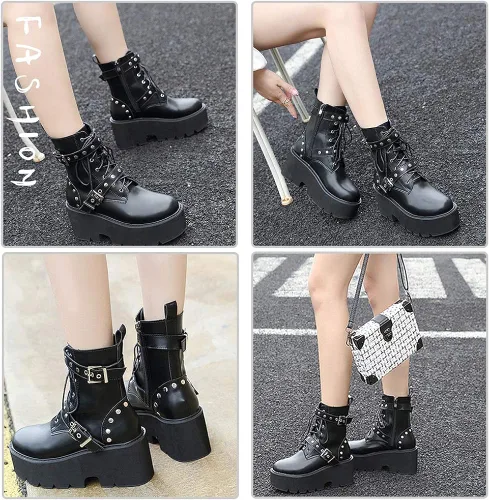 Vista 3 de CYNLLIO - Botas estilo combate de moda al tobillo de mujer plataforma en bloque con cordones y tachas botas de motocicleta a mitad de la pantorrilla