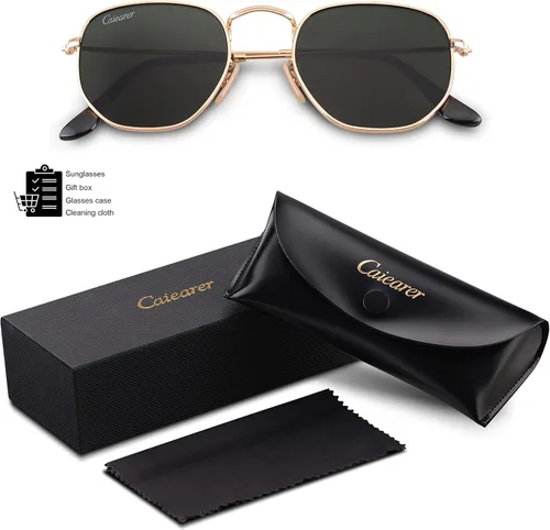 Vista 2 de Lentes de cristal planos estilo hexagonal con marco de metal, protección UV400 para hombres y mujeres
