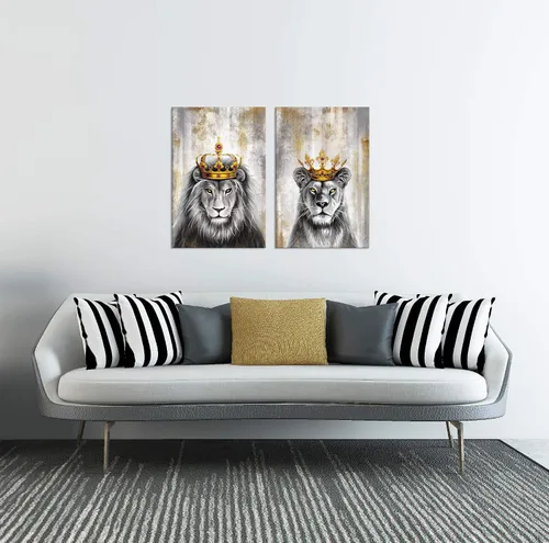Vista 4 de Zlove Arte de pared de león y leona, pintura de rey y reina, carteles de animales de safari africanos para decoración de oficina en casa, 16 x 24