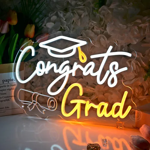 Vista 5 de Britrio Letrero de neón con texto en inglés "Congrats Grad" para graduación, celebración, fiesta, decoración iluminada, clase de 2026