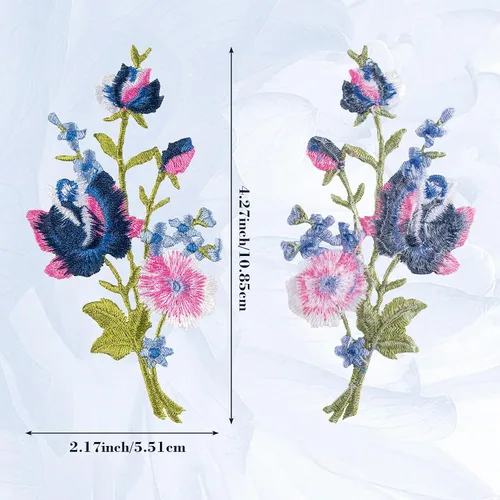 Vista 2 de HINZIC 4 parches bordados de flores rosas para coser para planchar, ramo floral rosa y azul bohemio para ropa, jeans, chaquetas, bolsas de vestir