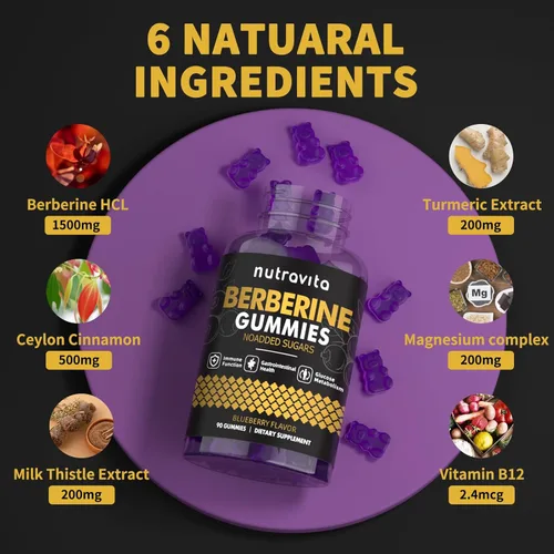 Vista 6 de Nutravita Gomitas de berberina con canela de Ceilán, 1500 mg de berberina de alta potencia, suplemento para apoyo inmunológico y metabolismo