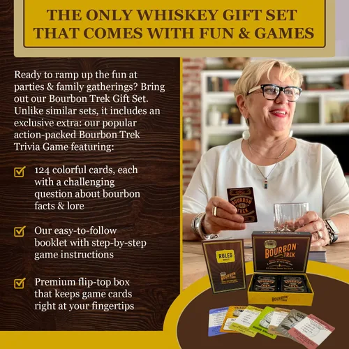Vista 4 de Juego en caja de regalos de whisky para hombres, incluye populares trivias de whisky, 2 vasos de bourbon, 6 piedras, 2 posavasos de pizarra, 1