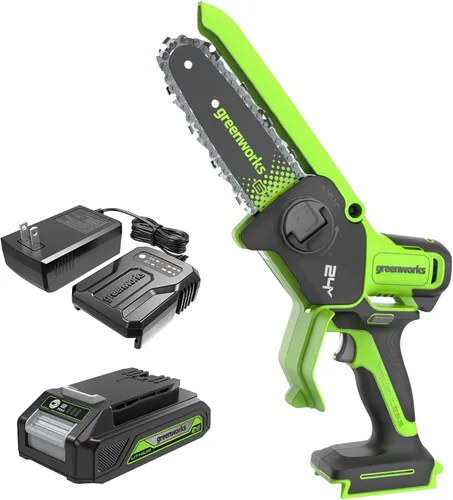 Vista 14 de Greenworks Mini motosierra sin escobillas de 24 V y 4 pies (engrasador automático, tensión sin herramientas, ultraligera), batería y cargador