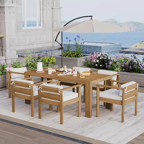 Vista 2 de Patio Dining Table Set for 6, 7-Piece Outdoor Furniture with 73 Inch Rectangular Table, Wood Chairs with Removable Cushions for Backyard, Poolside