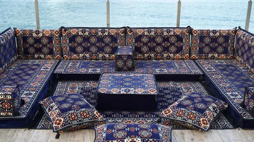 Vista 5 de arabicsofa Juego de sofá de asiento bajo Majlis árabe azul marino, fundas lavables para sala de estar, cojines de suelo turcos