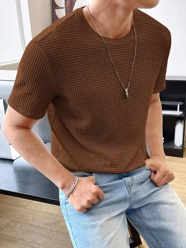 Vista 5 de WDIRARA Camiseta de punto gofre de manga corta con cuello redondo para hombre