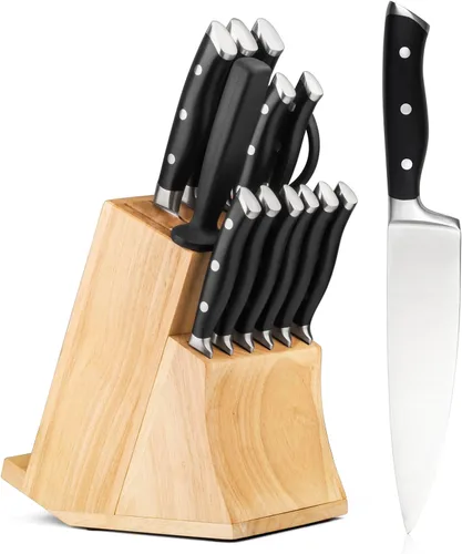 Vista 9 de Alata Juego de cuchillos de 15 piezas con bloque negro, afilado, juego de cuchillos de cocina, juego de cuchillos de acero inoxidable forjado