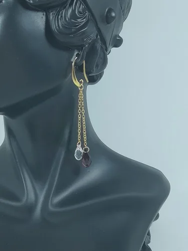 Vista 9 de Aretes colgantes extra largos de 2 cadenas de oro de 14 quilates con cristales austriacos raros chapados en puro gota para mujeres, San Valentín