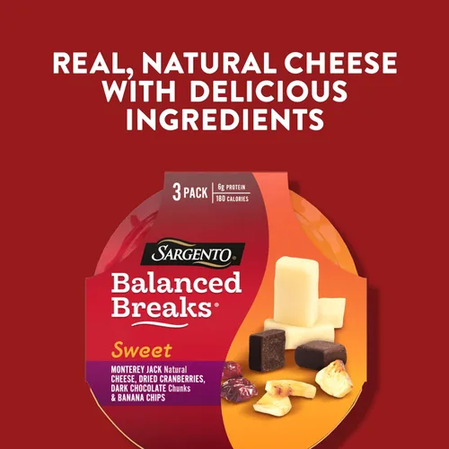 Vista 5 de Kit de aperitivos Sargento Sweet Balanced Breaks con queso natural Monterey Jack, arándanos secos, trozos de chocolate oscuro y chips de plátano