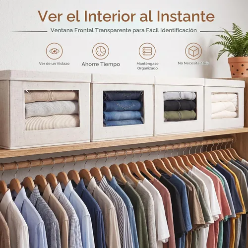 Vista 3 de Paquete de 2 contenedores de almacenamiento con tapas y ventana transparente, cajas organizadoras plegables de tela para armario, cestas apilables