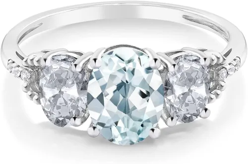 Vista 2 de Gem Stone King Anillo de compromiso de oro blanco de 10 quilates con topacio blanco aguamarina y diamante con acento de 3 piedras para mujer