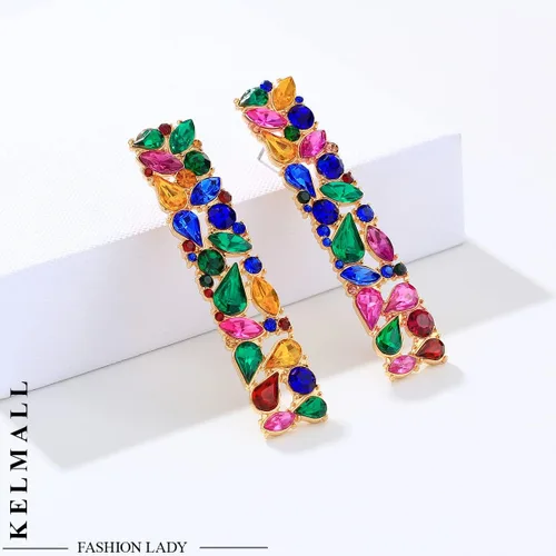 Vista 4 de KELMALL - Aretes colgantes cuadrados con diamantes de imitación y cristales brillantes geométricos para mujer, colección Kemall