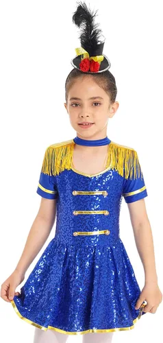 Vista 2 de MSemis Disfraz de Majorette de lentejuelas para niñas, con borlas, gorra de línea A, vestido de uniforme de maestro de anillos real