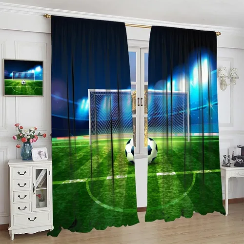 Vista 4 de Cortinas opacas de fútbol para habitación de los niños, hermosos patrones de red de fútbol de estadio de fútbol, decoración del hogar, cortinas