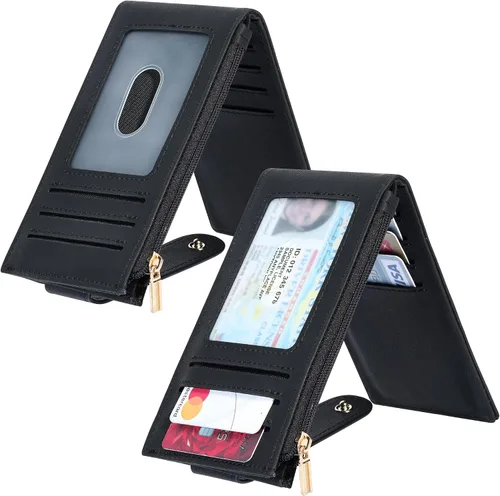 Vista 2 de Chelmon Cartera de mujer delgada con bloqueo RFID, billetera plegable con varios compartimientos para tarjetas con bolsillo con cremallera, Negro